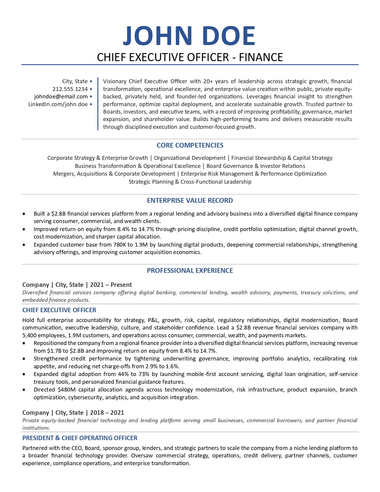 Finance CEO resume sample