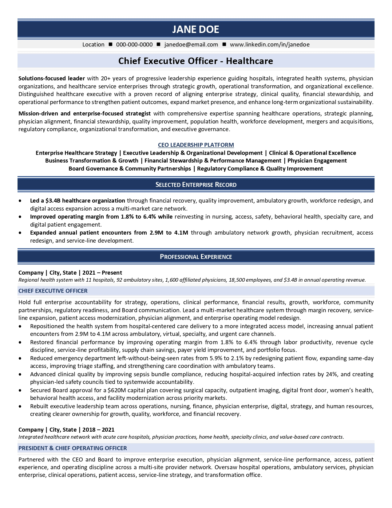 Healthcare CEO resume sample