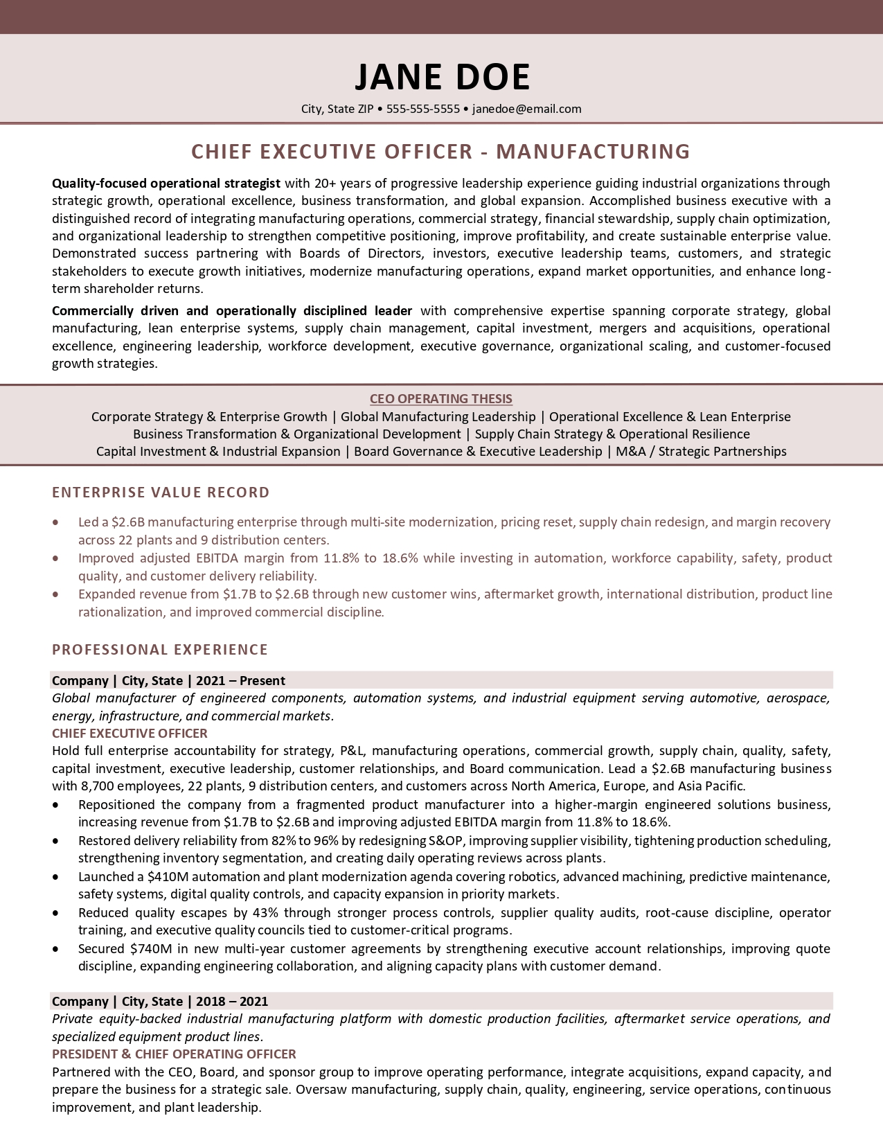 Manufacturing CEO resume sample
