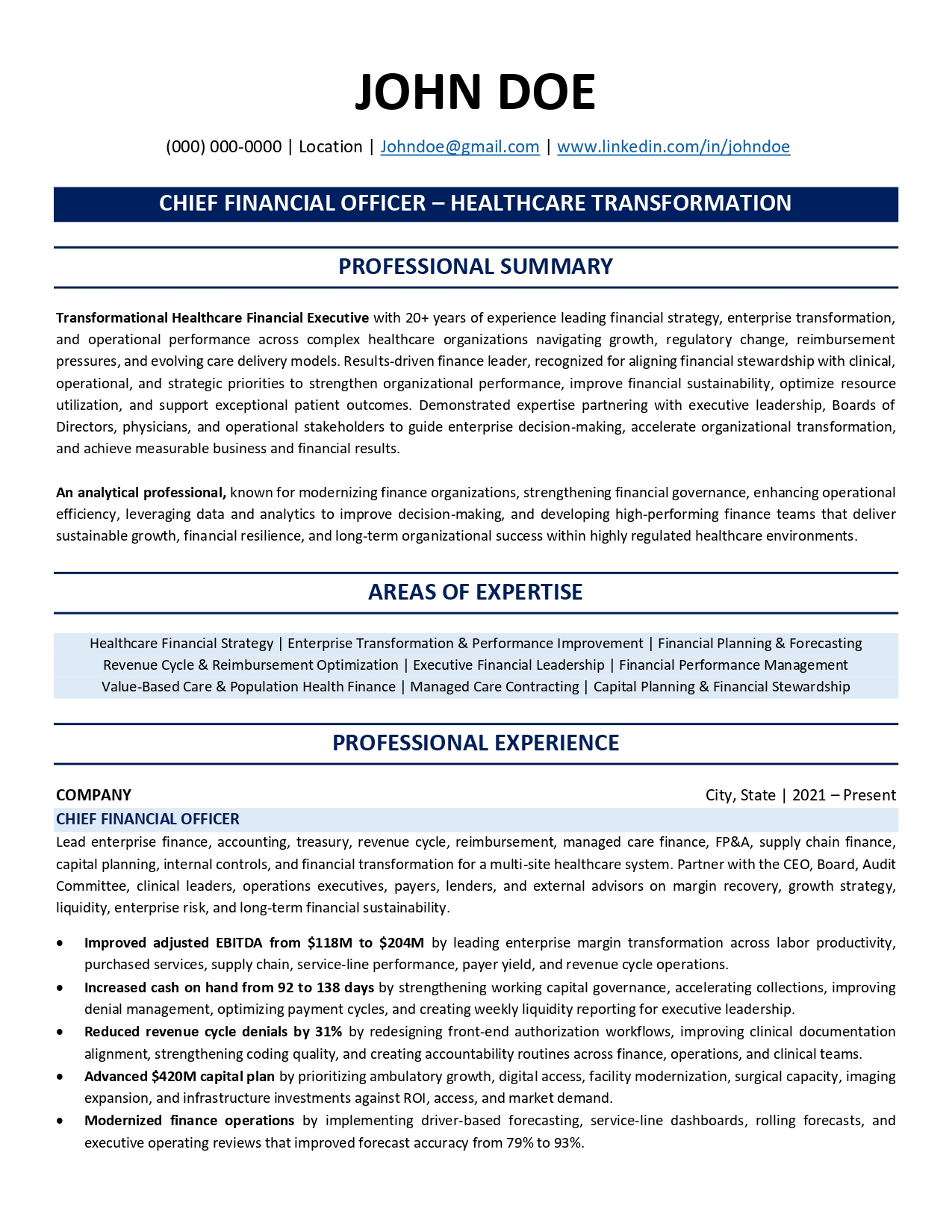 Healthcare transformation CFO resume sample