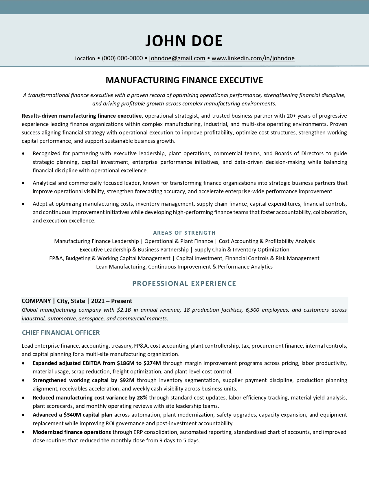 Manufacturing finance executive resume sample