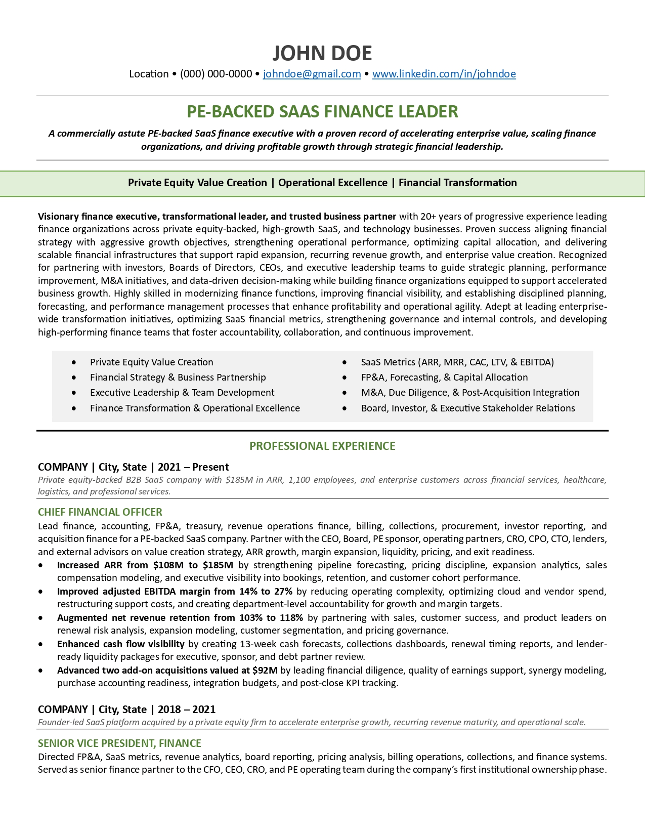 PE-backed SaaS finance leader resume sample