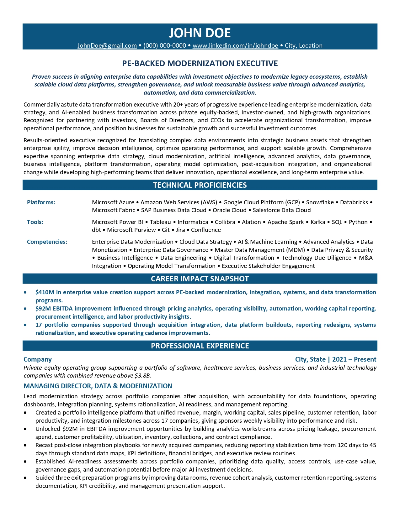 PE-backed modernization executive resume sample