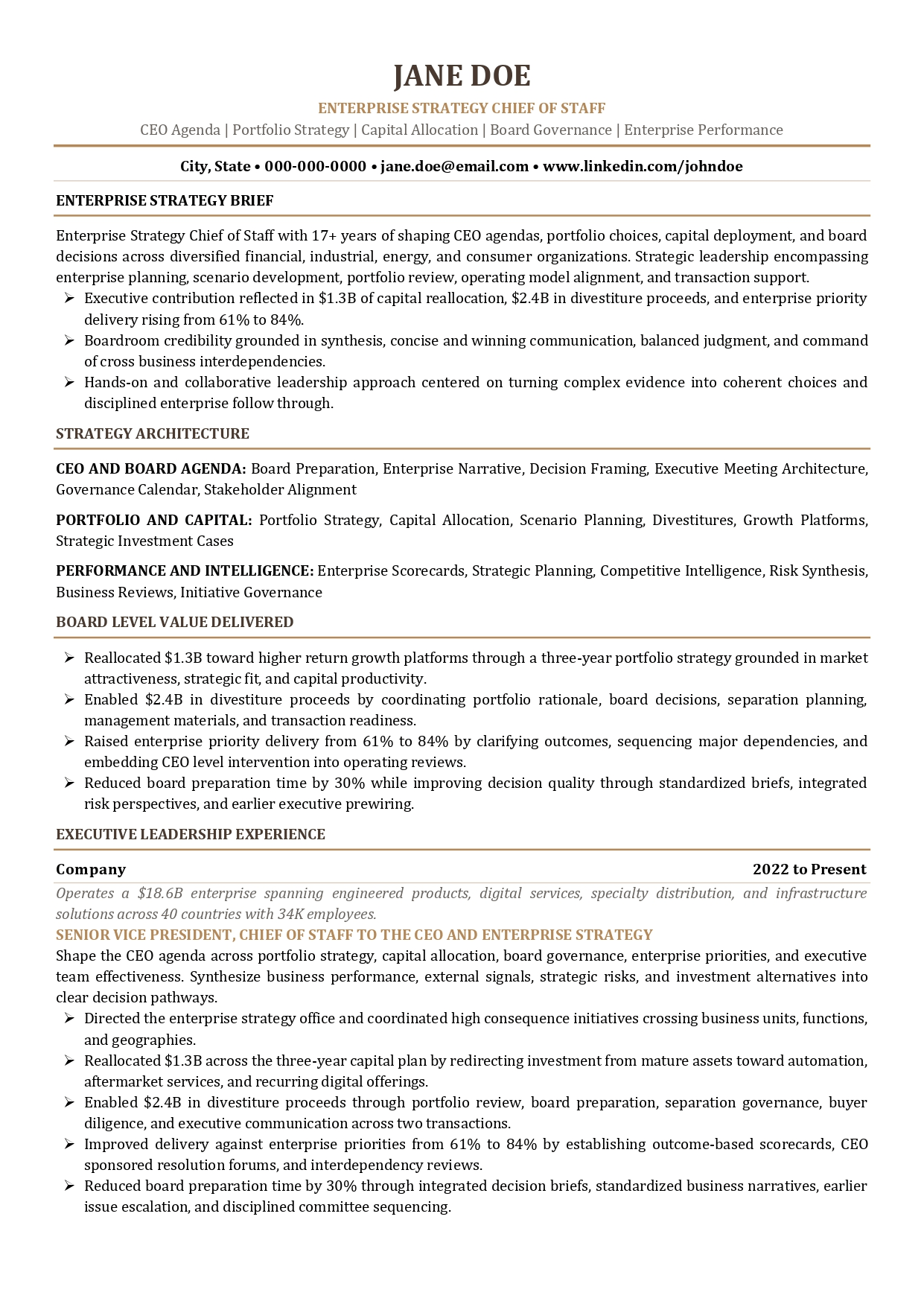 Enterprise strategy Chief of Staff resume sample