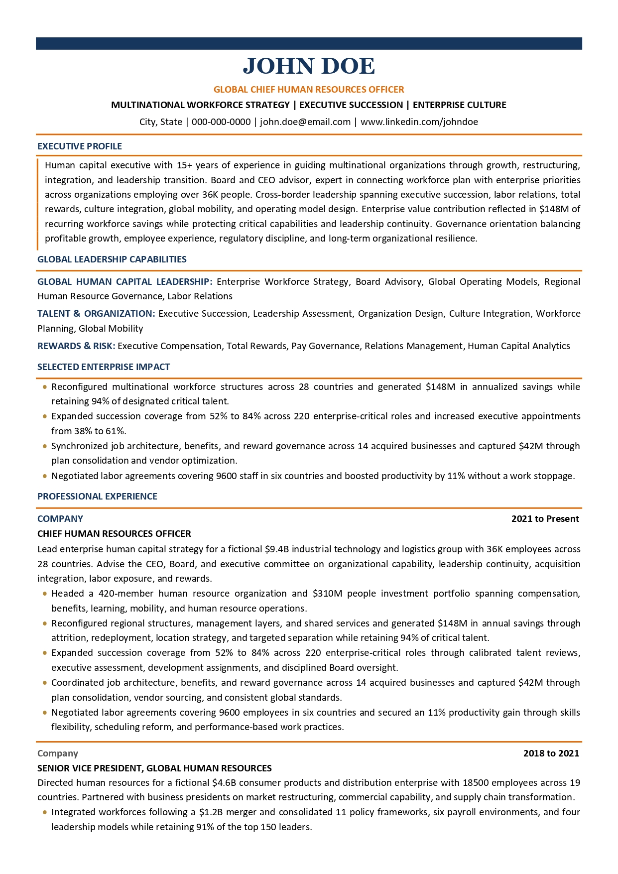 Global CHRO resume sample