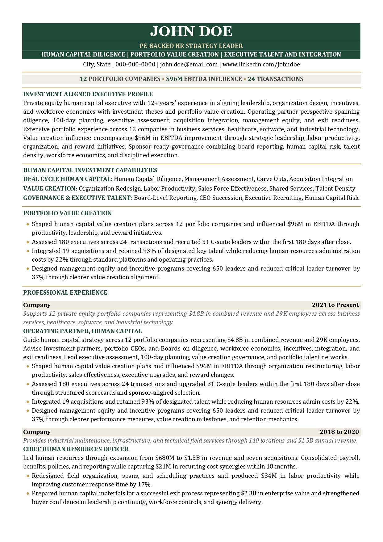 PE-backed HR strategy leader resume sample