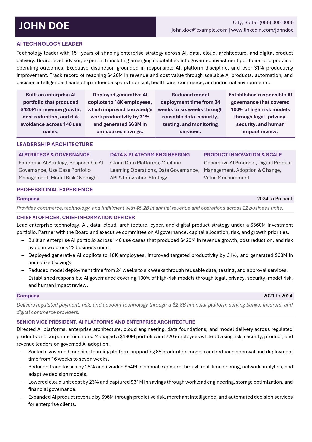 AI technology leader resume sample