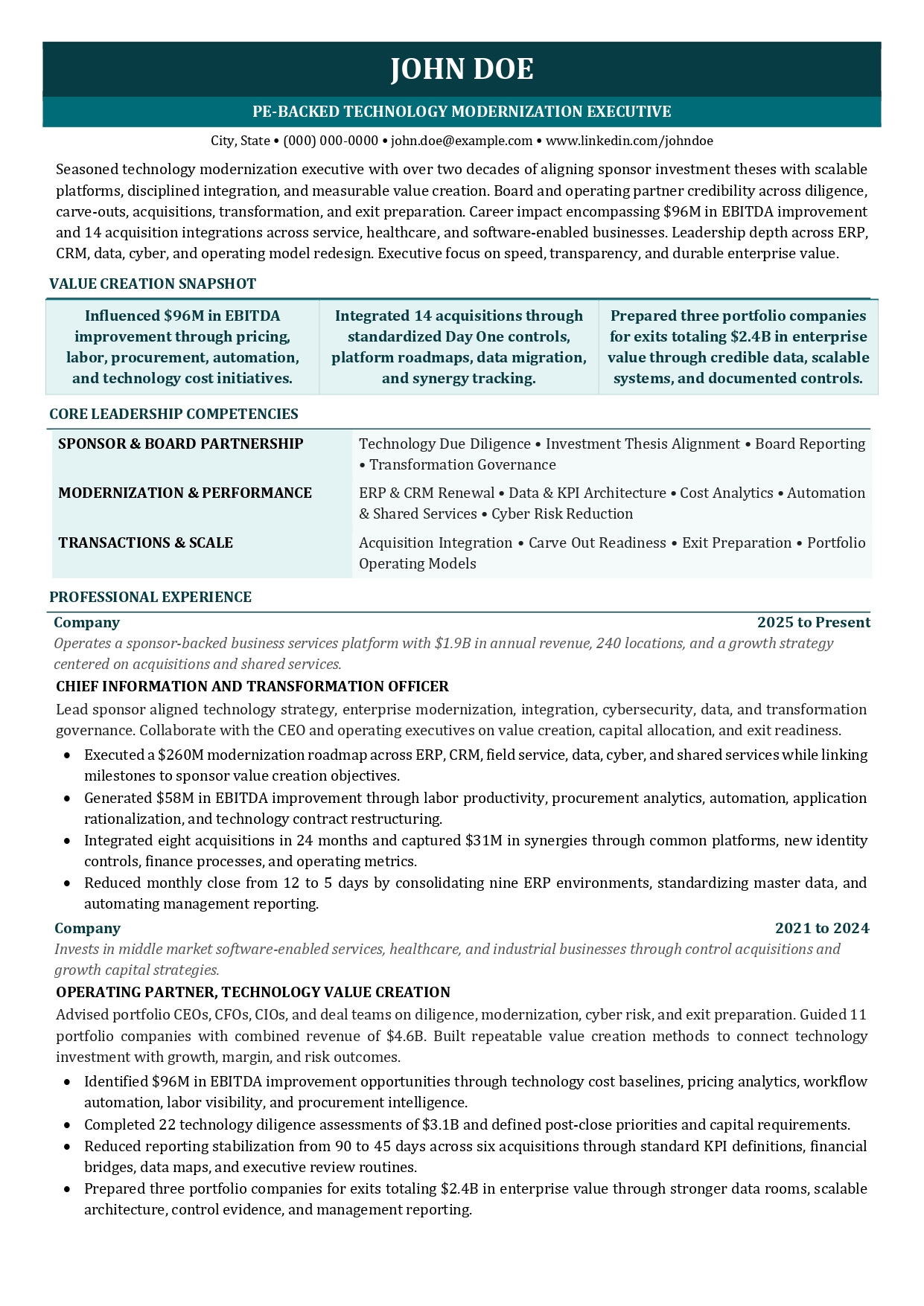PE-backed technology modernization executive resume sample