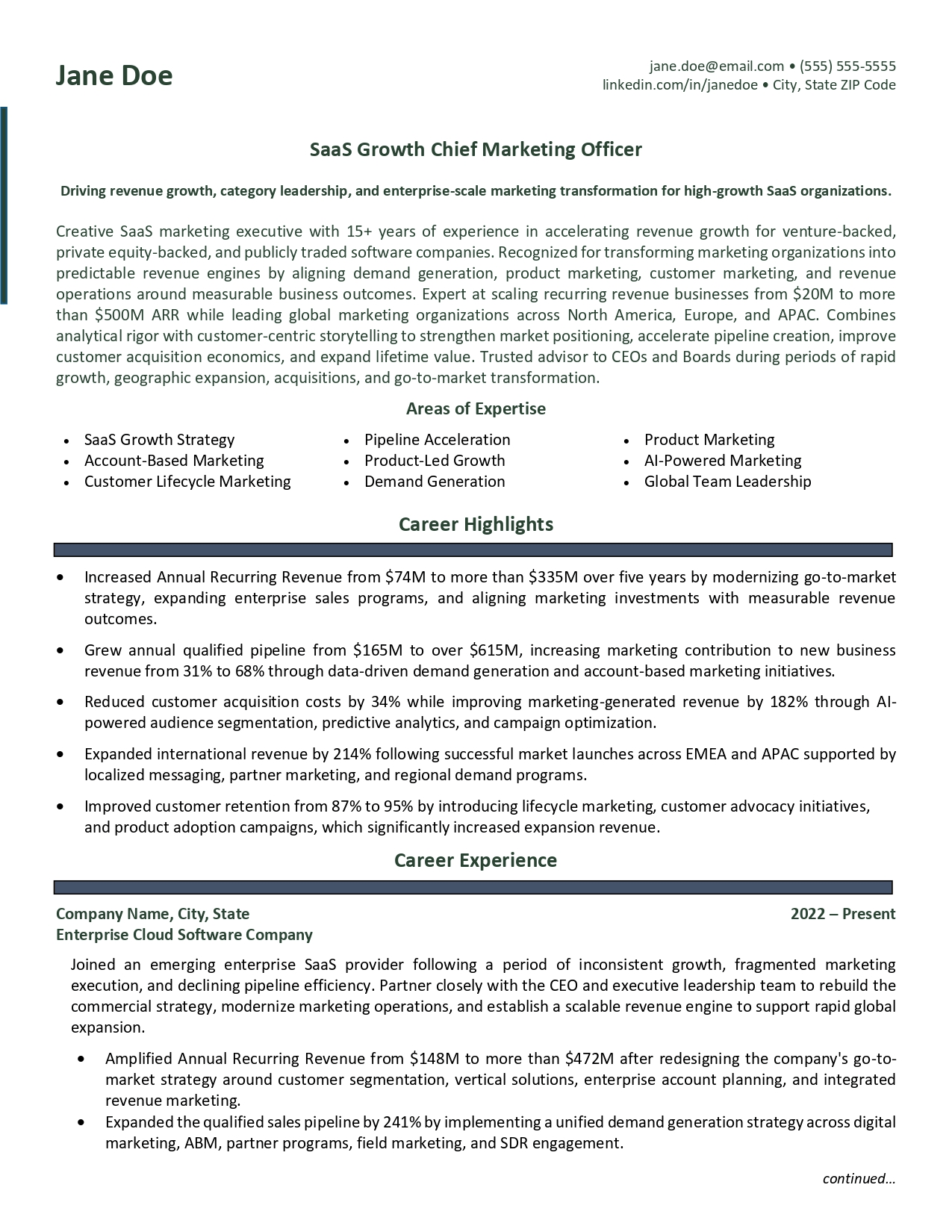 SaaS growth CMO resume sample