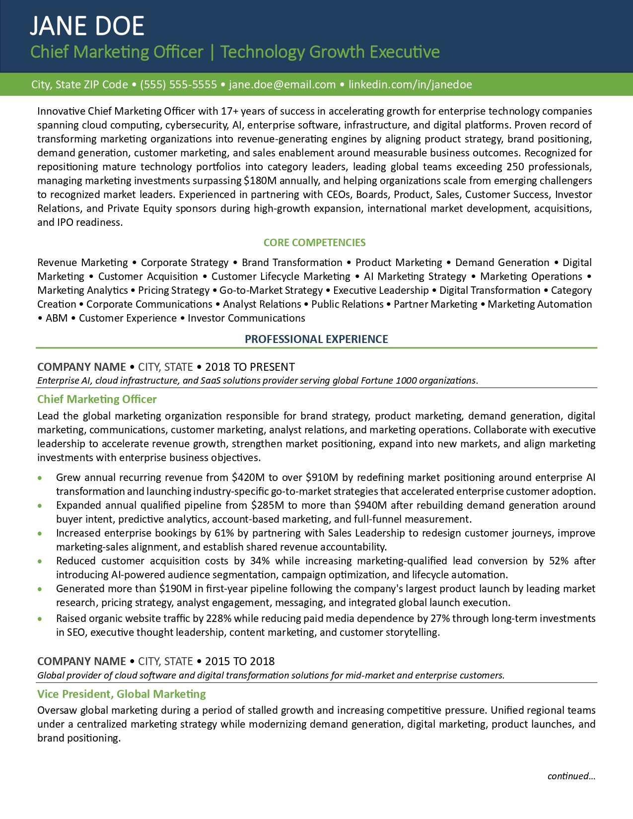 Tech company CMO resume sample