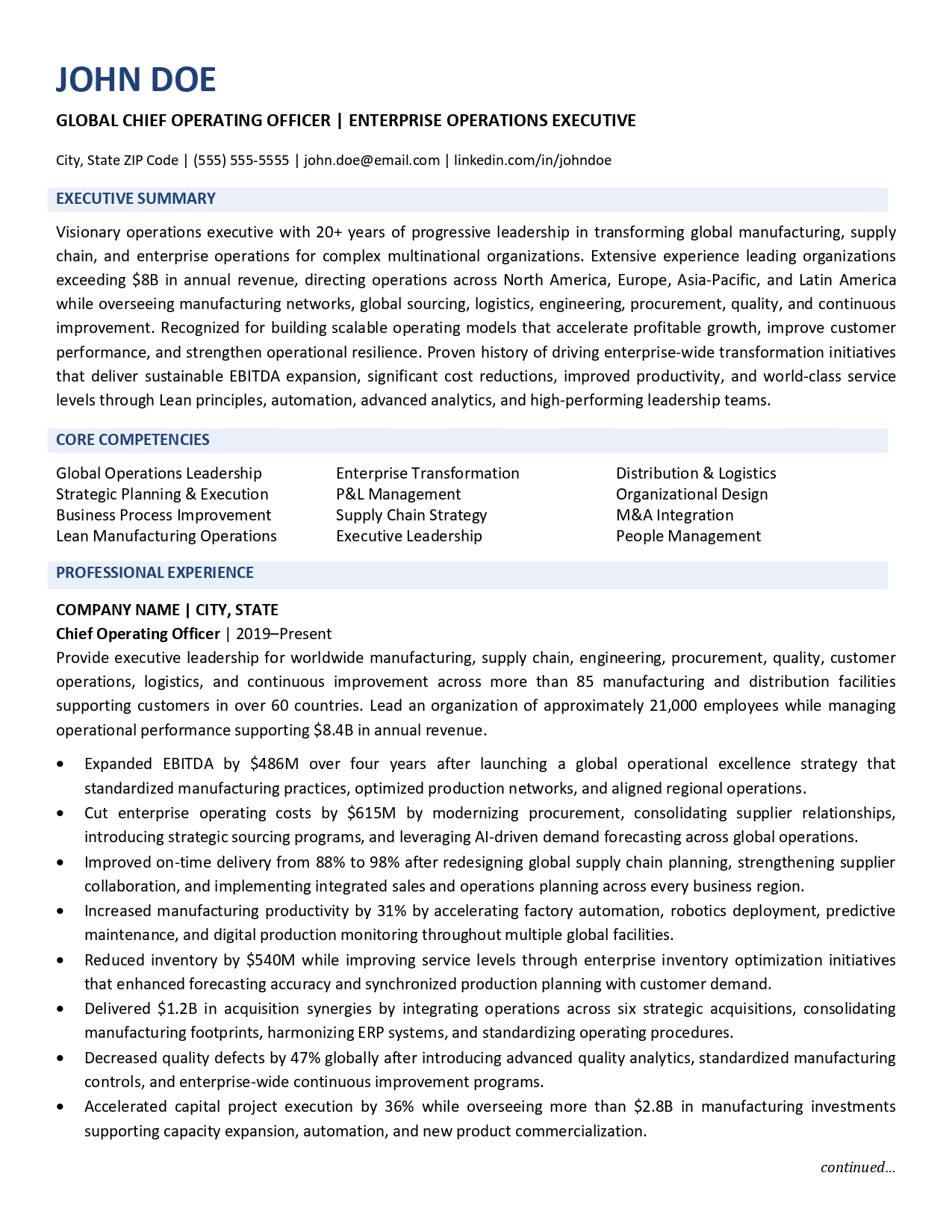 Global operations COO resume sample