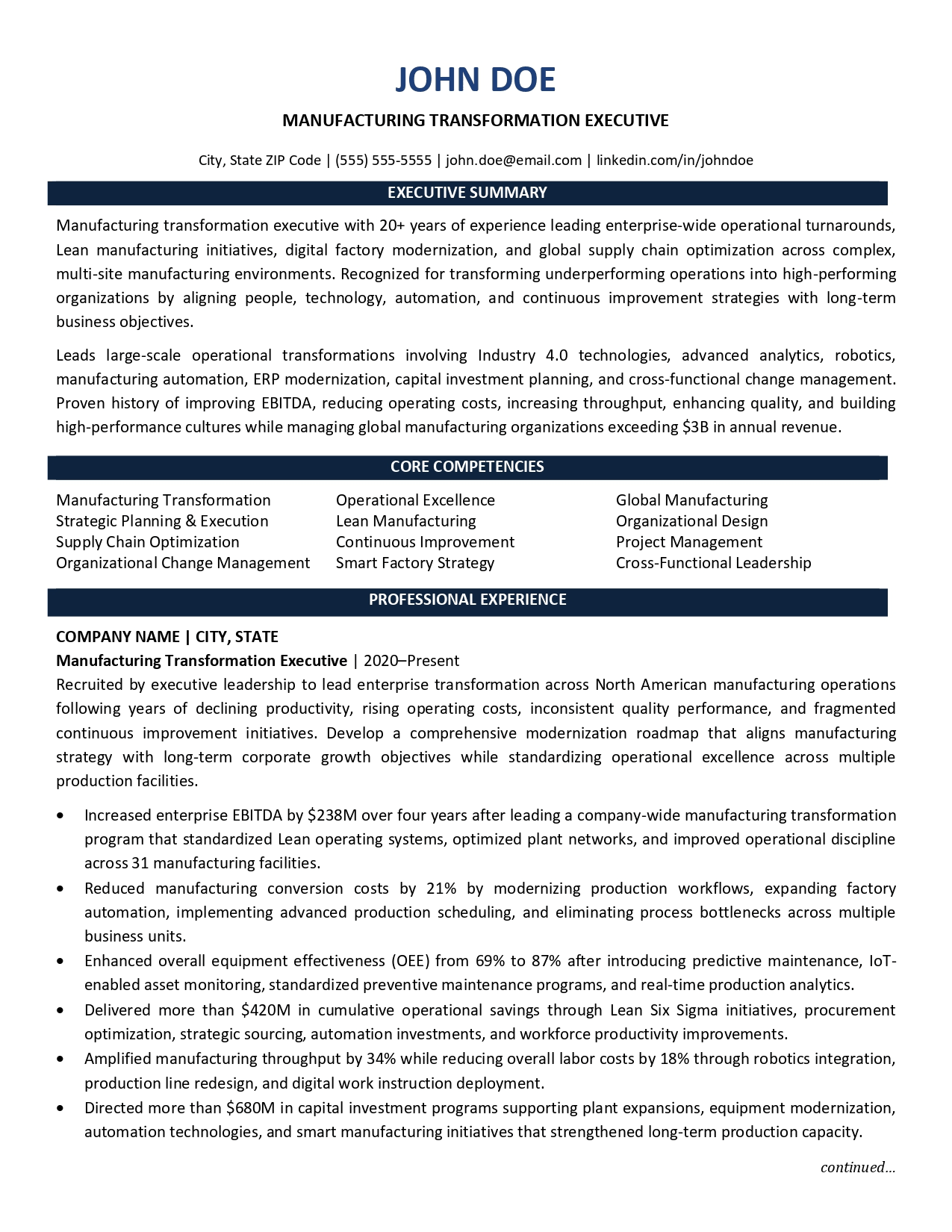 Manufacturing transformation executive resume sample