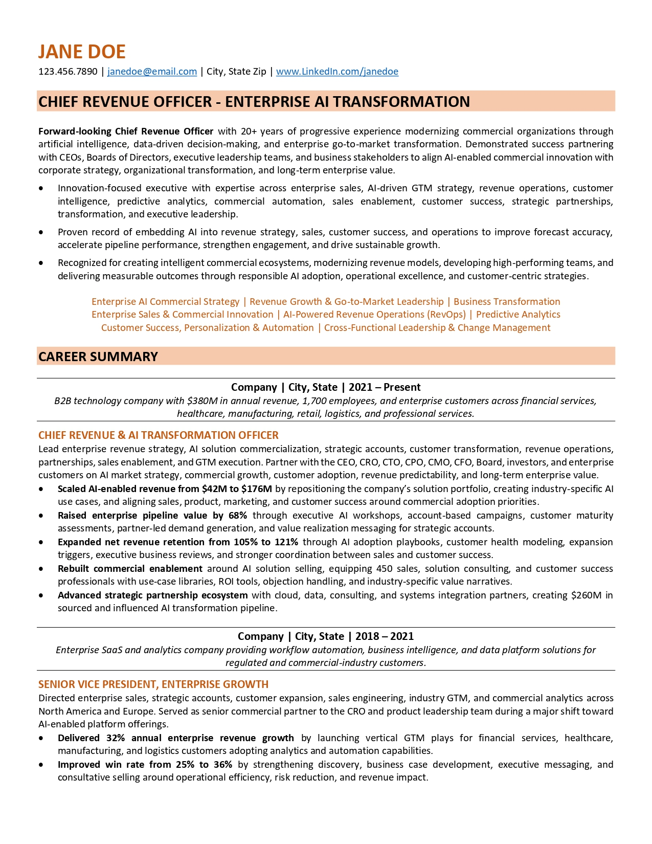 Enterprise AI transformation executive resume sample