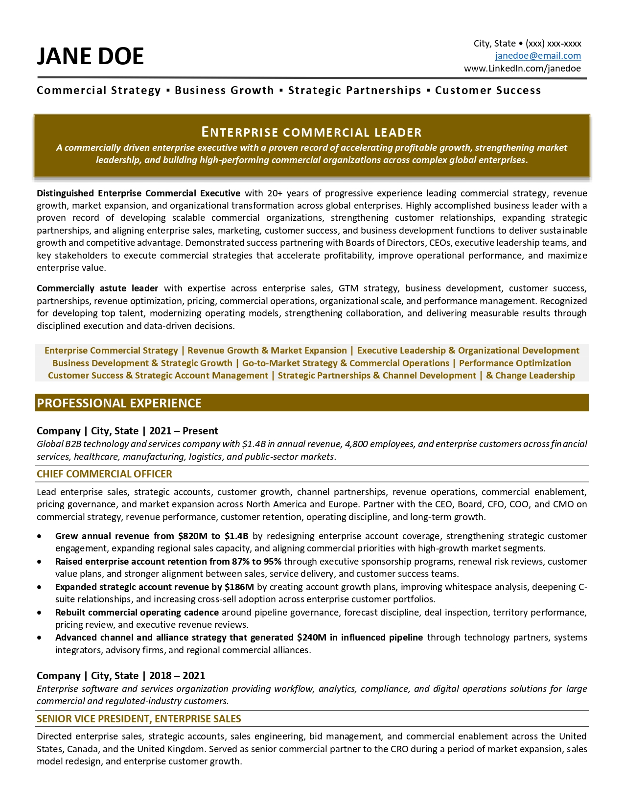 Enterprise commercial leader resume sample