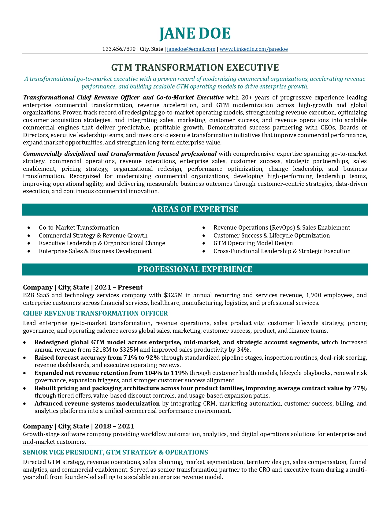 GTM transformation executive resume sample