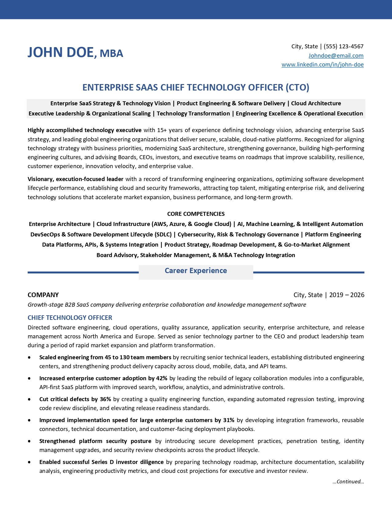 Enterprise SaaS CTO resume sample