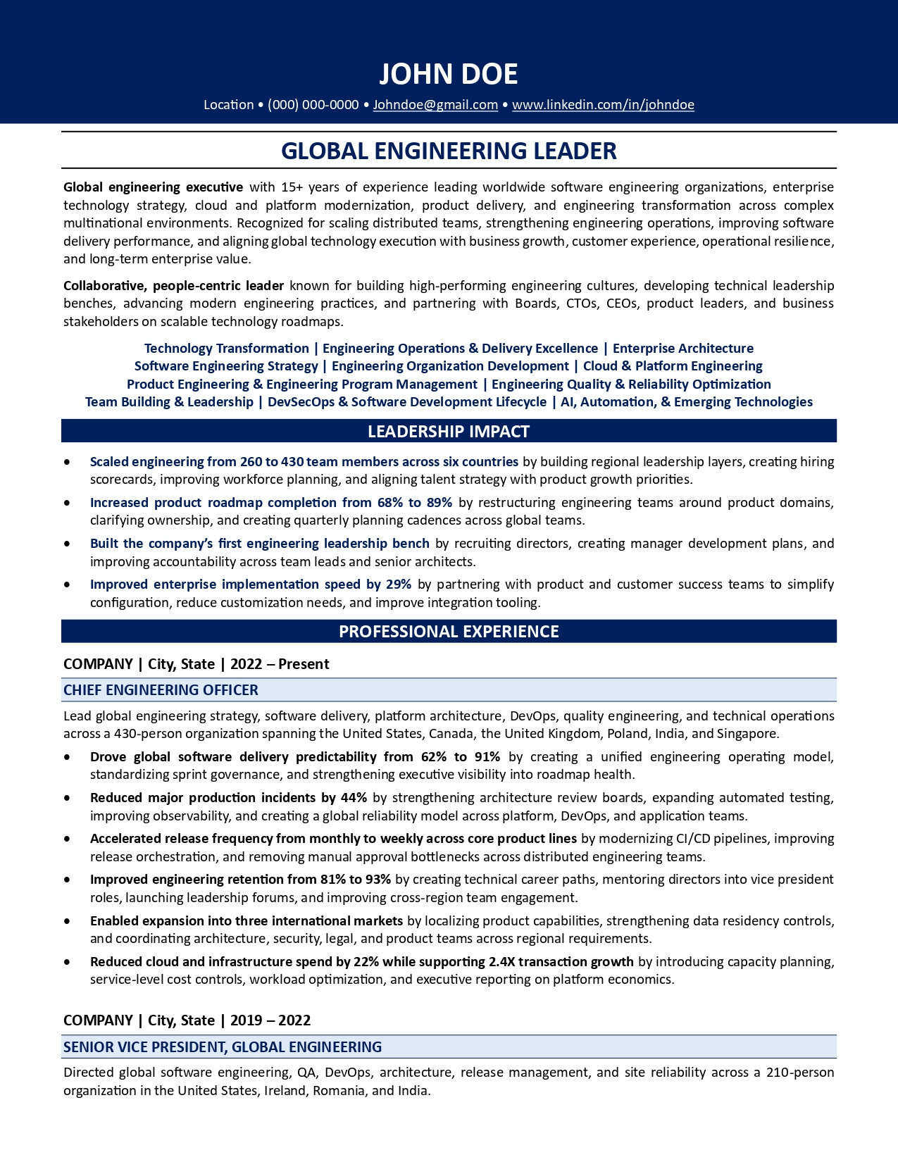Global engineering leader resume sample