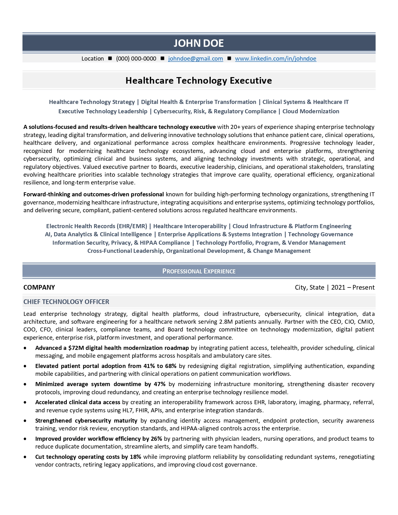Healthcare technology executive resume sample