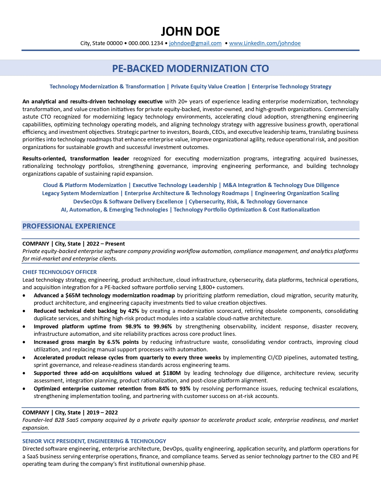 PE-backed modernization CTO resume sample