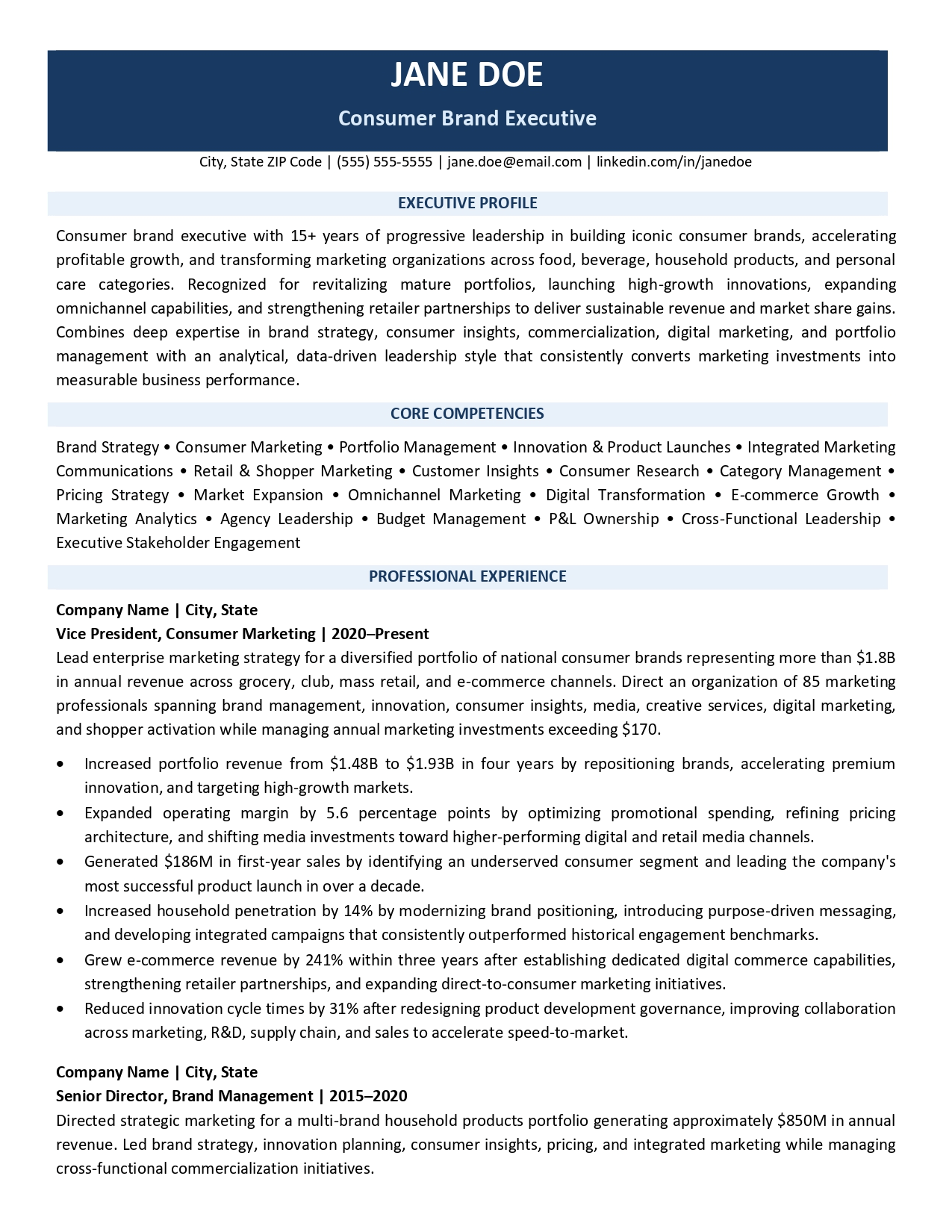 Consumer brand executive resume sample