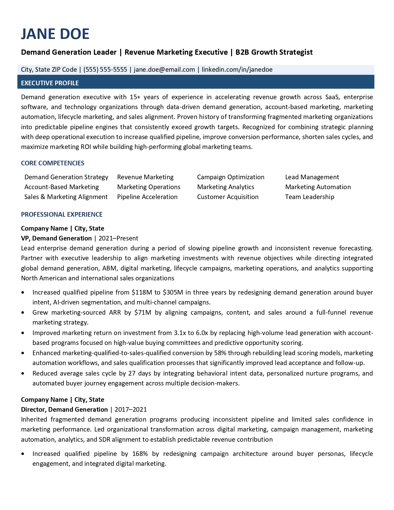 Demand generation leader resume sample