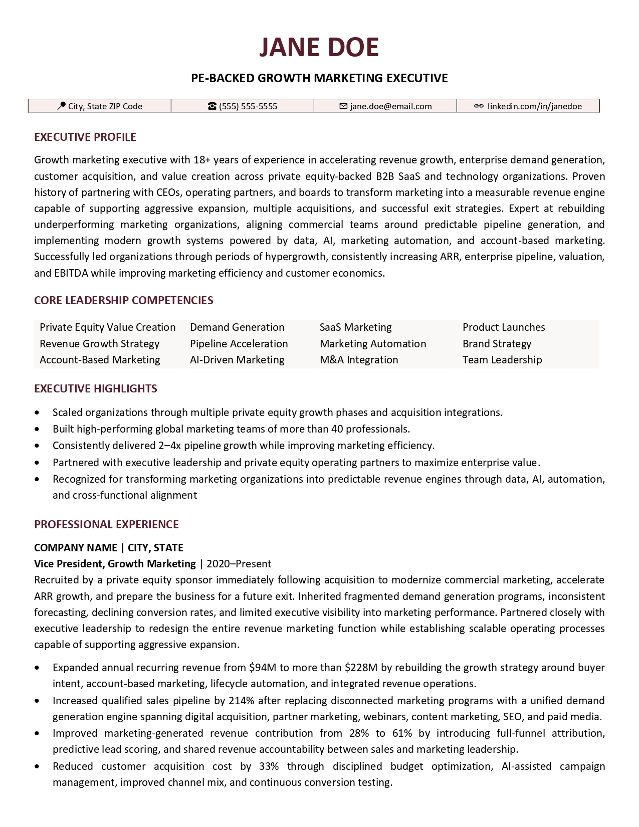 PE-backed growth marketing executive resume sample