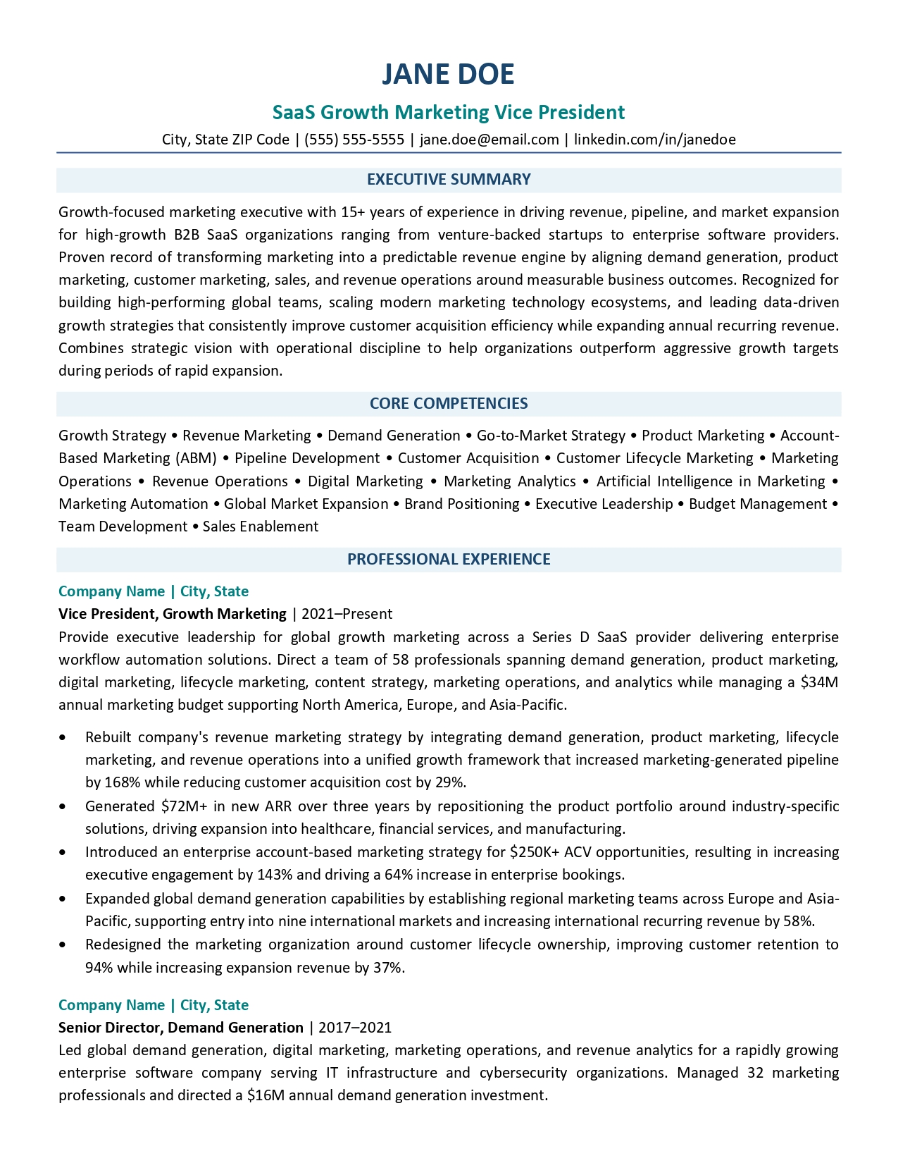 SaaS growth marketing VP resume sample
